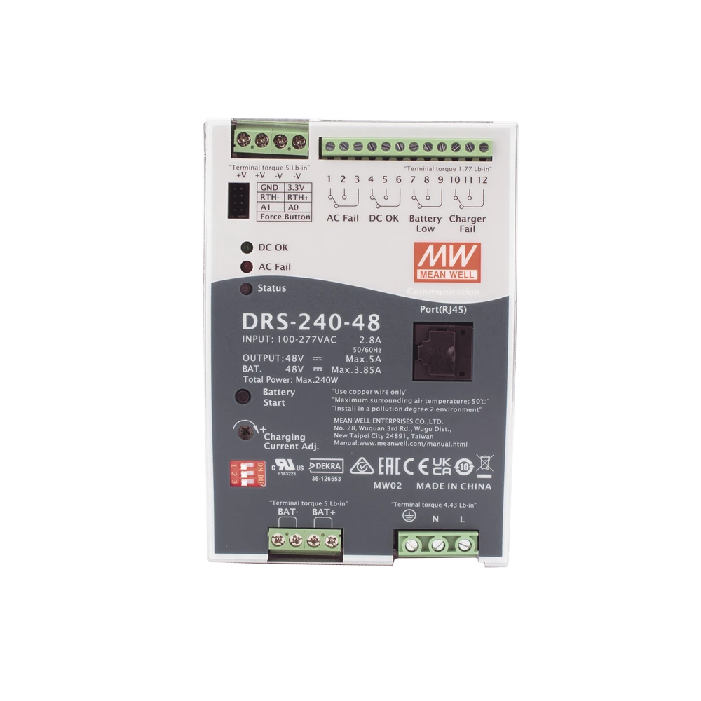 DRS24048-AD-1-l Fuente de Poder Industrial / 240W / Salida 48Vcc / 5A / Cargador de Baterías / Riel DIN / Entrada Universal 90-305Vca DRS24048 2