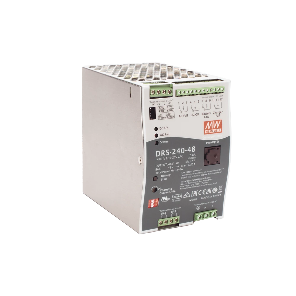 DRS24048-AD-2-l Fuente de Poder Industrial / 240W / Salida 48Vcc / 5A / Cargador de Baterías / Riel DIN / Entrada Universal 90-305Vca DRS24048 3