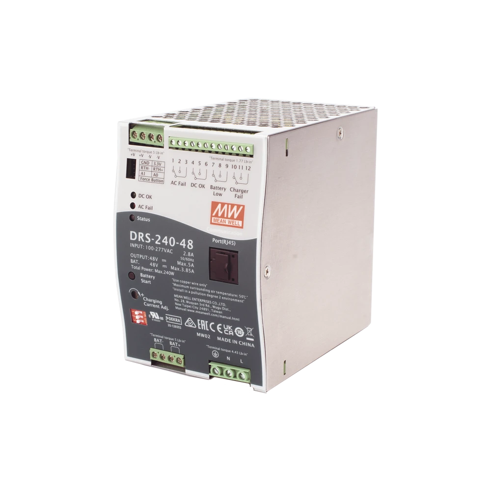 DRS24048-l Fuente de Poder Industrial / 240W / Salida 48Vcc / 5A / Cargador de Baterías / Riel DIN / Entrada Universal 90-305Vca DRS24048 1