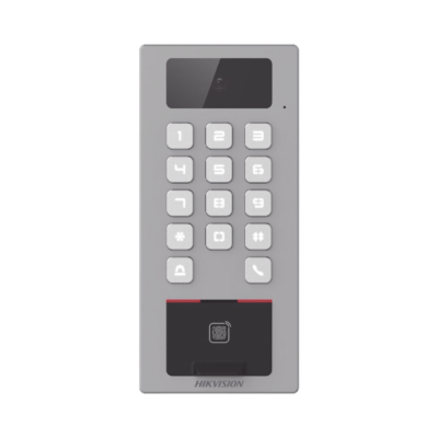 (PoE / 2 Relays) Terminal de Control de Acceso / Videoportero Multiapartamento Llamada a App / Teclado / Exterior Antivandálico IP65 & IK09 / Huella, Tarjeta, Código QR, PIN o App Hik-Connect  / Cámara 2 MP compatible con NVRs