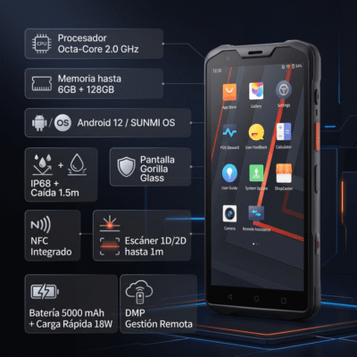 Handheld SUNMI L2S PRO / Octa-Core 2.0 GHz / 4GB RAM 64GB / IP68 / Escáner 1D/2D 1 m / NFC / 5000 mAh / Android 12