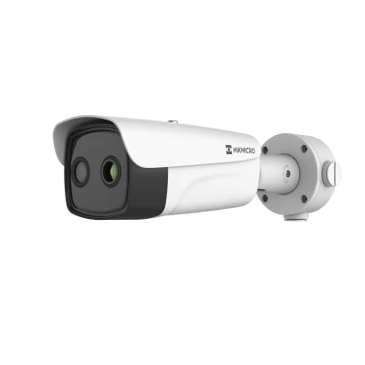(HIKMICRO) Bala IP Bi-espectral / Térmica (384 X 288 / 9.7 mm) + Óptica (4 MP / 6.4 mm) / IA GUANLAN / Rango: -20°C a 650°C / 2°C Margen / Detección de Fuego y Humo / Alarma Visual y Audible / Dual Light / PoE / IP67 / Ant