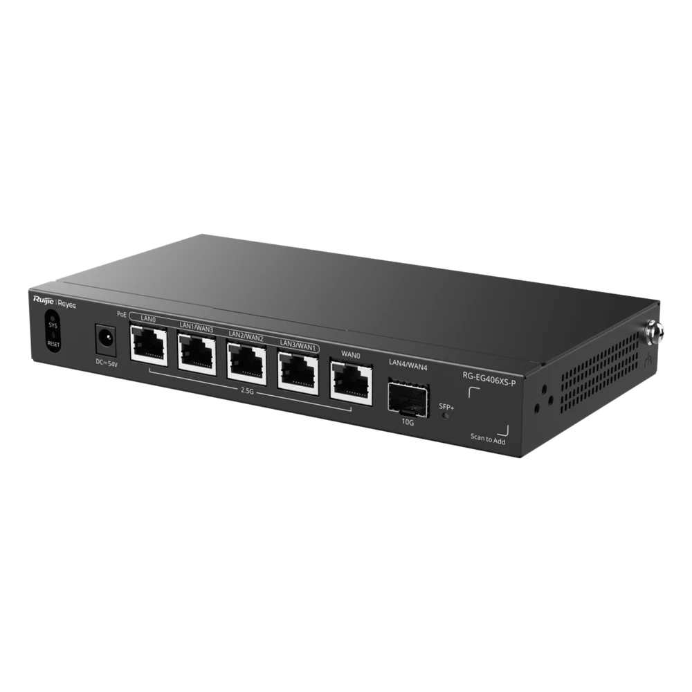 sec_5_1S1000 Router Balanceador con Función SD-WAN, PoE+ hasta 110 Watts, Hasta 5 Servicios de Internet y hasta 400 clientes con desempeño de 2.5 Gbps, un puerto SFP+ 10G RG-EG406XS-P 2