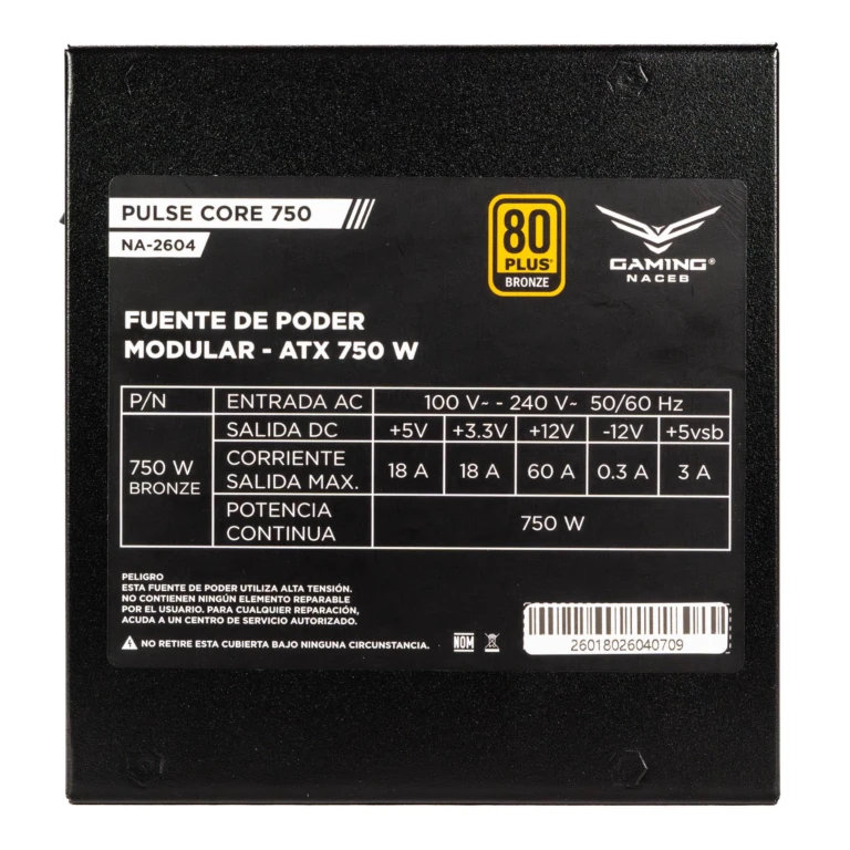 Fuente de poder Pulse Bronze NA-2604 Potencia de 750W (650W reales), Certificación 80 Plus Bronze con eficiencia de 95%, Compatible con Windows y Mac