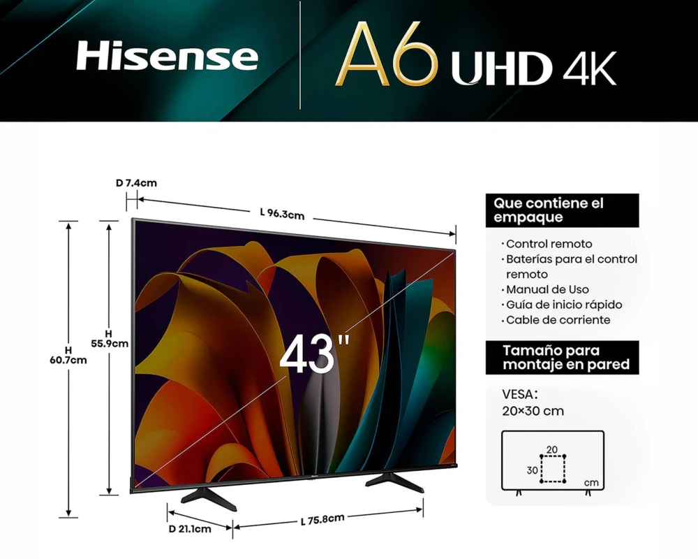 Televisor Hisense 43A60SV, 43 pulgadas, LED 4K UHD, 3840 x 2160 Pixeles, VIDAA SMART TV 43A60SV 2