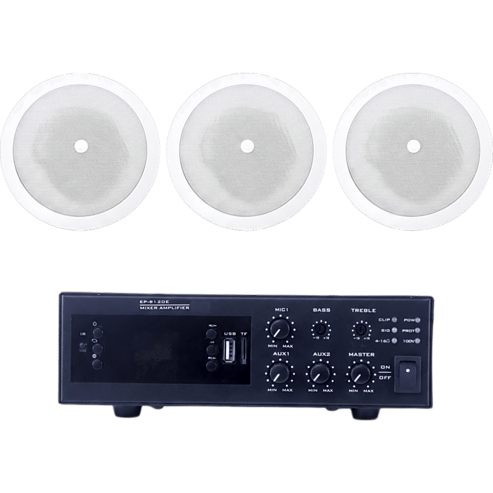 portada_0S1000-107 KIT de Amplificador de 120W para Escritorio | 3 Altavoces de Plafón de 5" | 3.75 - 30W | Sistema 70/100V EPB120E/3CS 1