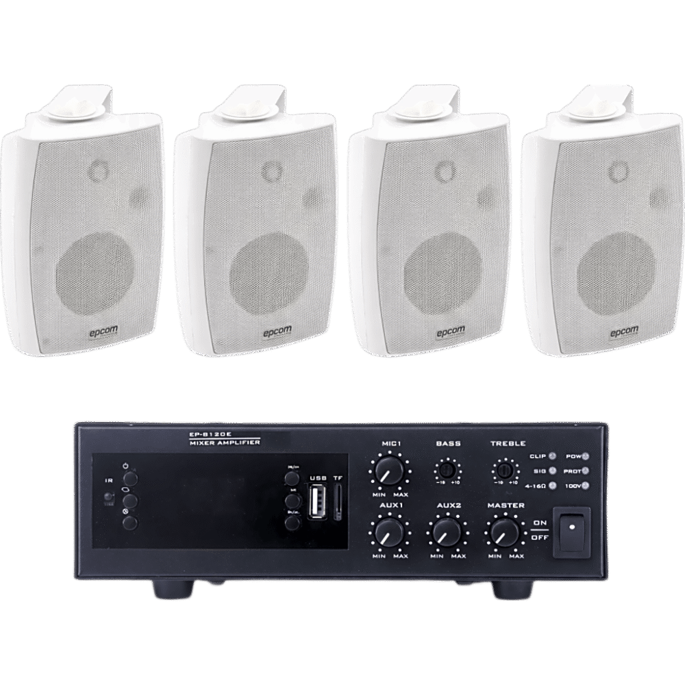 KIT de Amplificador de 120W para Escritorio | 4 Altavoces de Pared color Blanco 2.5W - 20W | Sistema 70/100V EPB120E/4WSW 1