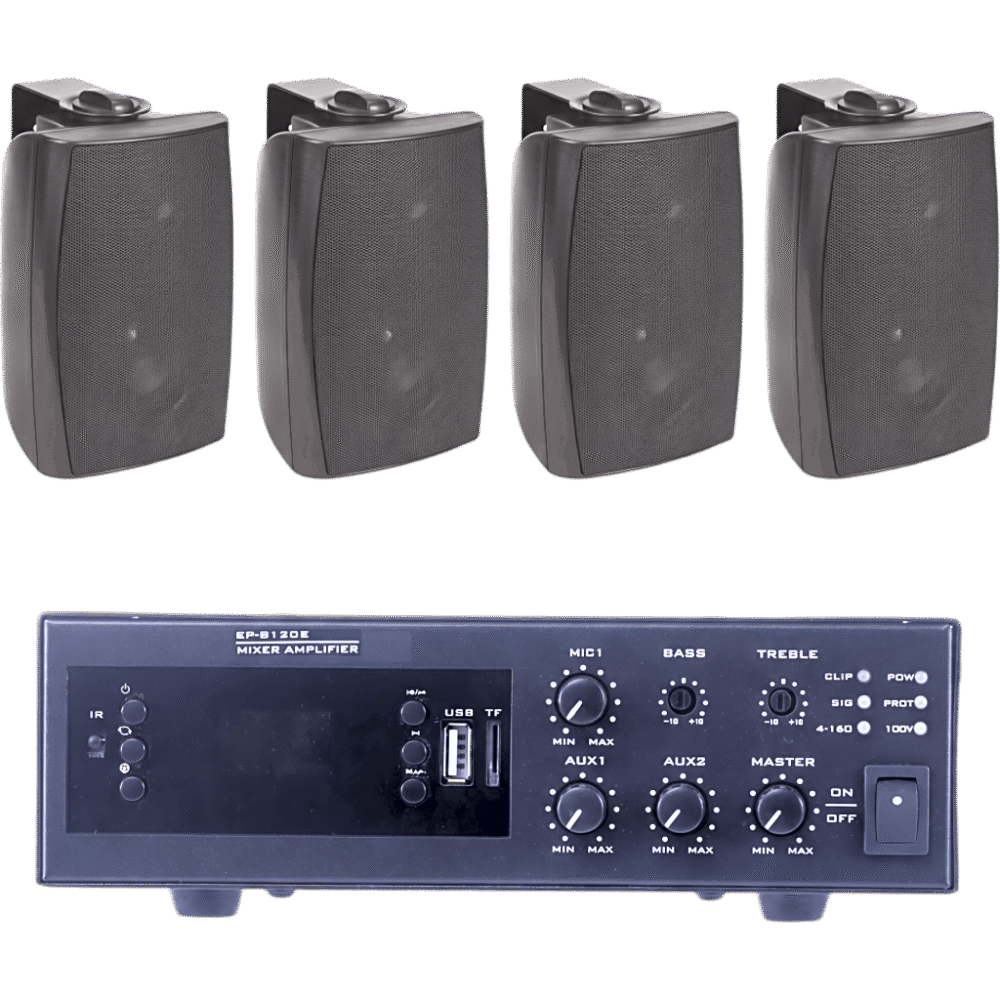KIT de Amplificador de 120W para Escritorio | 4 Altavoces de Pared color Negro 2.5W - 20W | Sistema 70/100V EPB120E/4WS 1