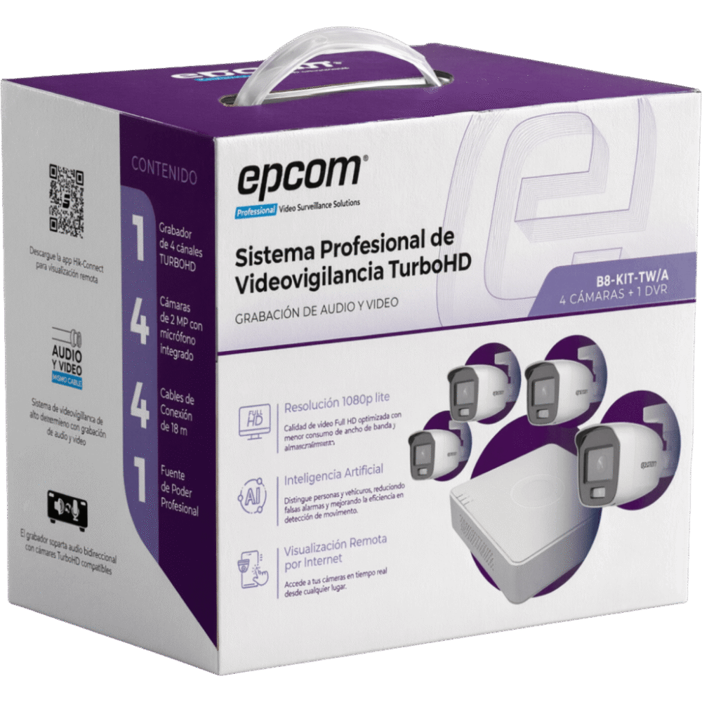 Kit de Videovigilancia TurboHD / 1080p Lite / DVR 4 Canales / 4 Cámaras Bala / Dual Light / Audio Integrado / IP66 / H.265+ B8-KIT-TWA 1