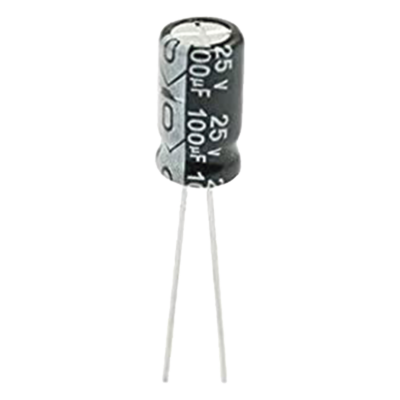 Capacitor Electrolítico Radial / 100 µF / 25 Vcc / 105 °C / 6.3 x 11 mm / Corriente de Rizado 170 mA RMS