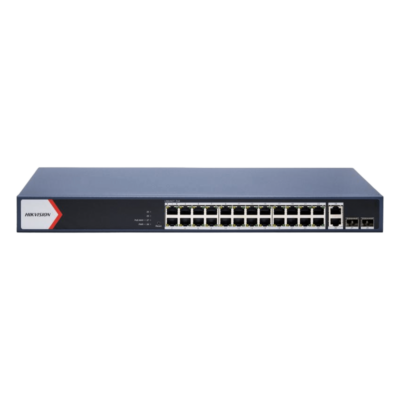 Switch Gigabit PoE+ / Administrable / 24 Puertos 1000 Mbps PoE+ / 2 Puertos 1000 Mbps Uplink / 2 Puertos SFP Uplink / Configuración Nube desde Hik-PartnerPro / Modo Extendido hasta 300 Metros / 370 W