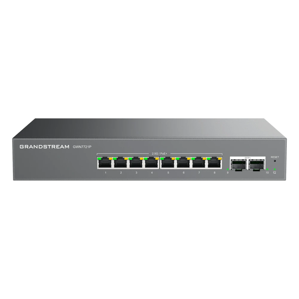 portada_0S1000-94 Switch L2 Lite Administrable de 10 Puertos / 8 Puertos Ethernet 2.5 Gigabits / 2 Puertos SFP+ 10 Gigabits / PoE+ 802.3af/at / VLAN 802.1Q / QoS / IGMP Snooping / Montaje en Escritorio o Pared GWN7721P 1