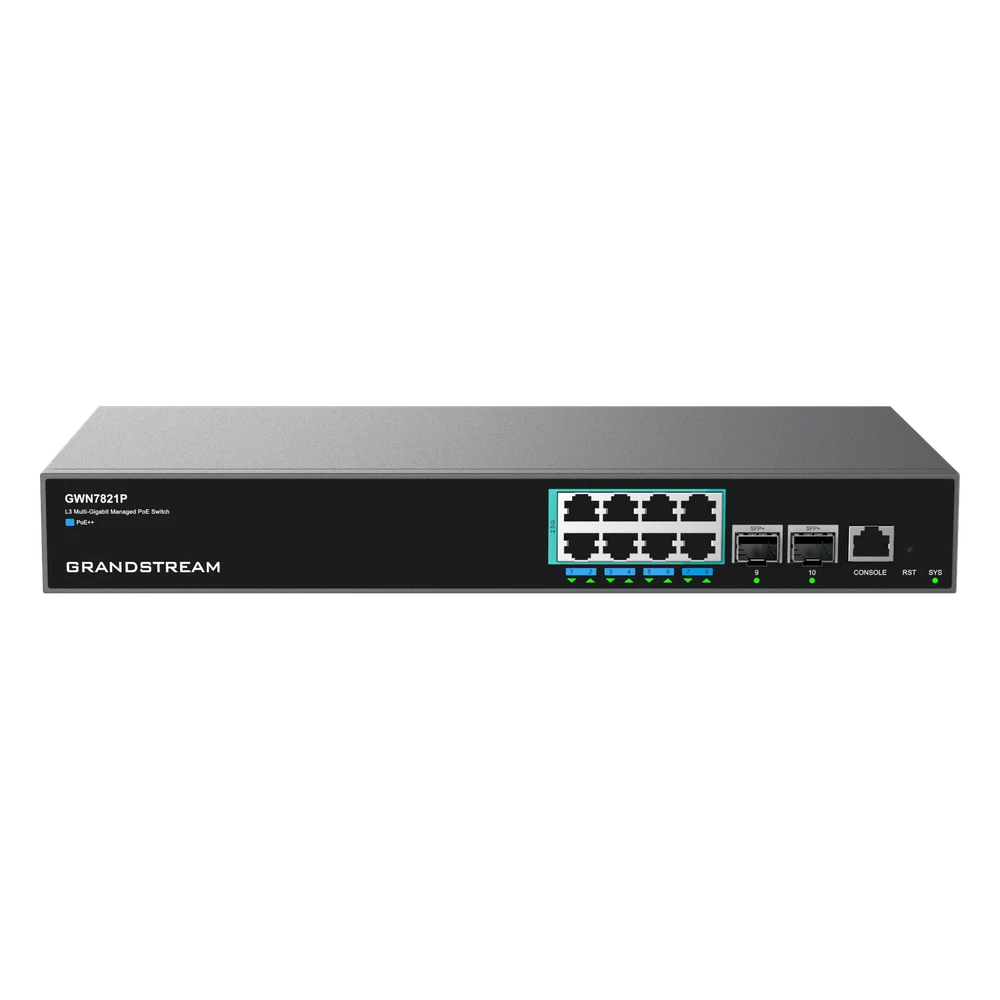 portada_0S1000-96 Switch PoE Multigigabit Capa 3 / 8 Puertos Ethernet 2.5 G / 2 Puertos SFP+ / PoE++ Dinámico / IPv6 e IPv4 / VLAN Avanzada / QoS / Stacking hasta 4 Dispositivos / Administración Local y en la Nube GWN7821P 1