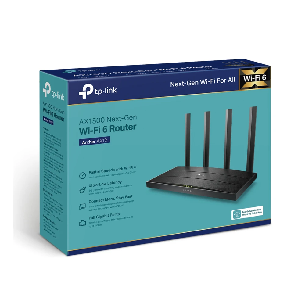 ARCHERAX12-AD-3-l Router WiFi 6 / AX1500 / 4 Flujos / 4 Antenas Externas / 1 WAN Gigabit + 3 LAN Gigabit / OFDMA / Beamforming / WPA3 / EasyMesh ARCHER-AX12 4