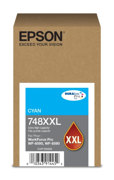 Cartucho de Tinta Cian Epson T748XXL220-AL, Extra Alta, Rendimiento promedio de 7,000 Pag, Capacidad de 69ML, Compatible para WorkForce Pro WF-6590 y Work