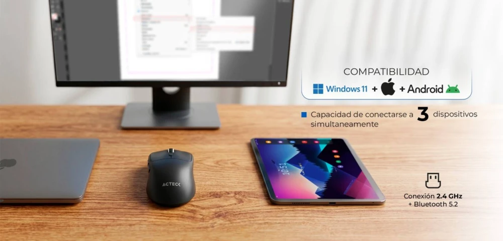 Mouse Ergonómico Multidispositivo Instinct Click MI484 / hasta 3,200 DPI Ajustable / 2.4 Ghz + Bluetooth / 5 Botones / Recargable / Advanced Series / Negro AC-945646 2