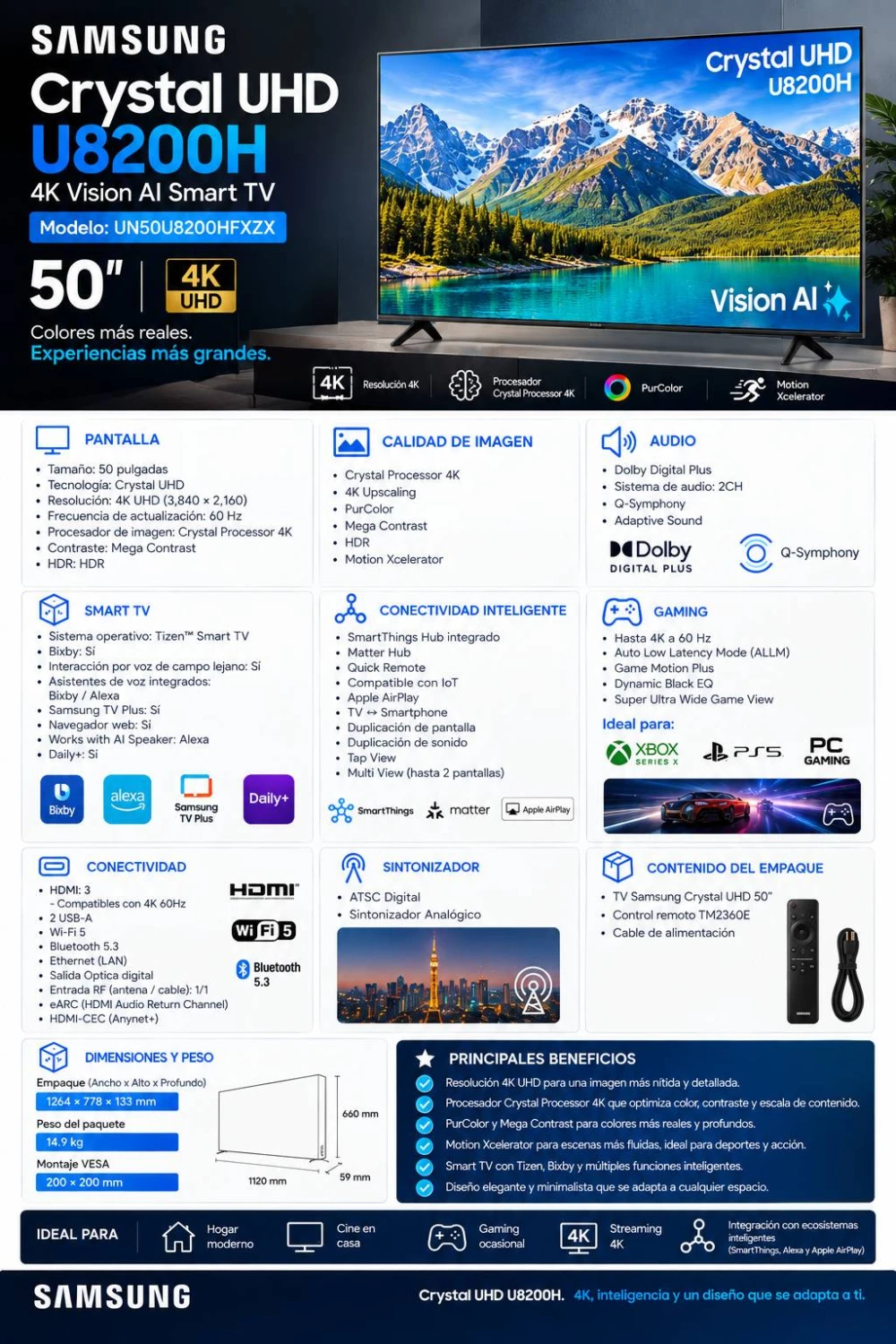 Pantalla 85 pulgadas Crystal UHD U8200HF 4K Vision AI Smart TV (2026) Resolución 3840 x 2160 HDMI: 3 USB:1 Sistema operativo Smart TV Tizen UN85U8200HFXZX 4