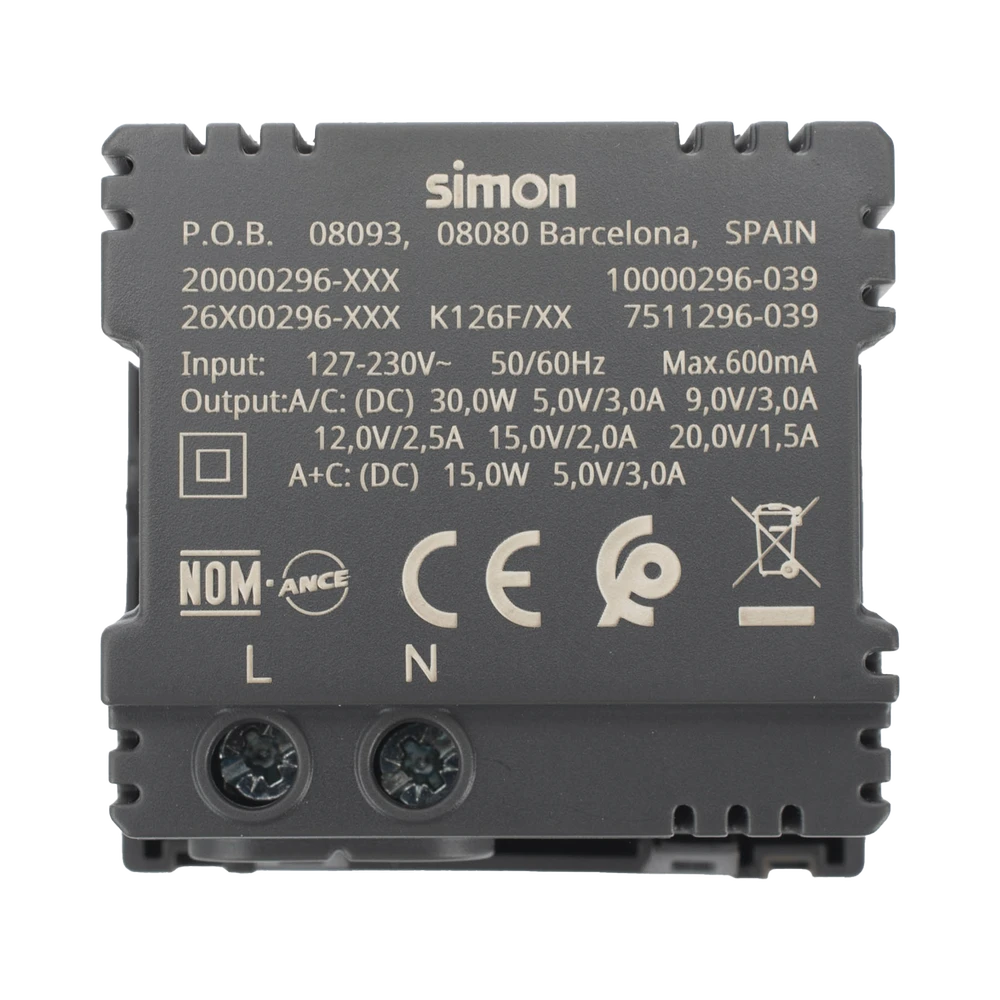 SM2USBN-AD-1-l Módulo Doble USB Tipo A+C / Carga Rápida 30W / Color Negro / 45x45 mm / Compatible Torres y Cajas K45 SM-2USB-N 2