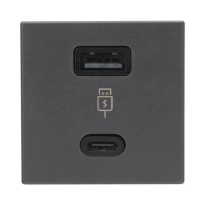 Módulo Doble USB Tipo A+C / Carga Rápida 30W / Color Negro / 45x45 mm / Compatible Torres y Cajas K45