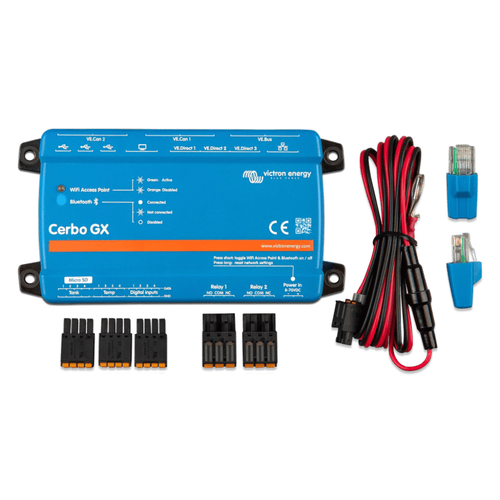 frontal_0S1000-1 Centro de comunicaciones / Monitoreo remoto / Pantallas táctiles 5" y 7" / Conectividad Bluetooth / VRM / VE.Direct, VE.Bus, VE.CAN, USB CERBOGXMK2 2