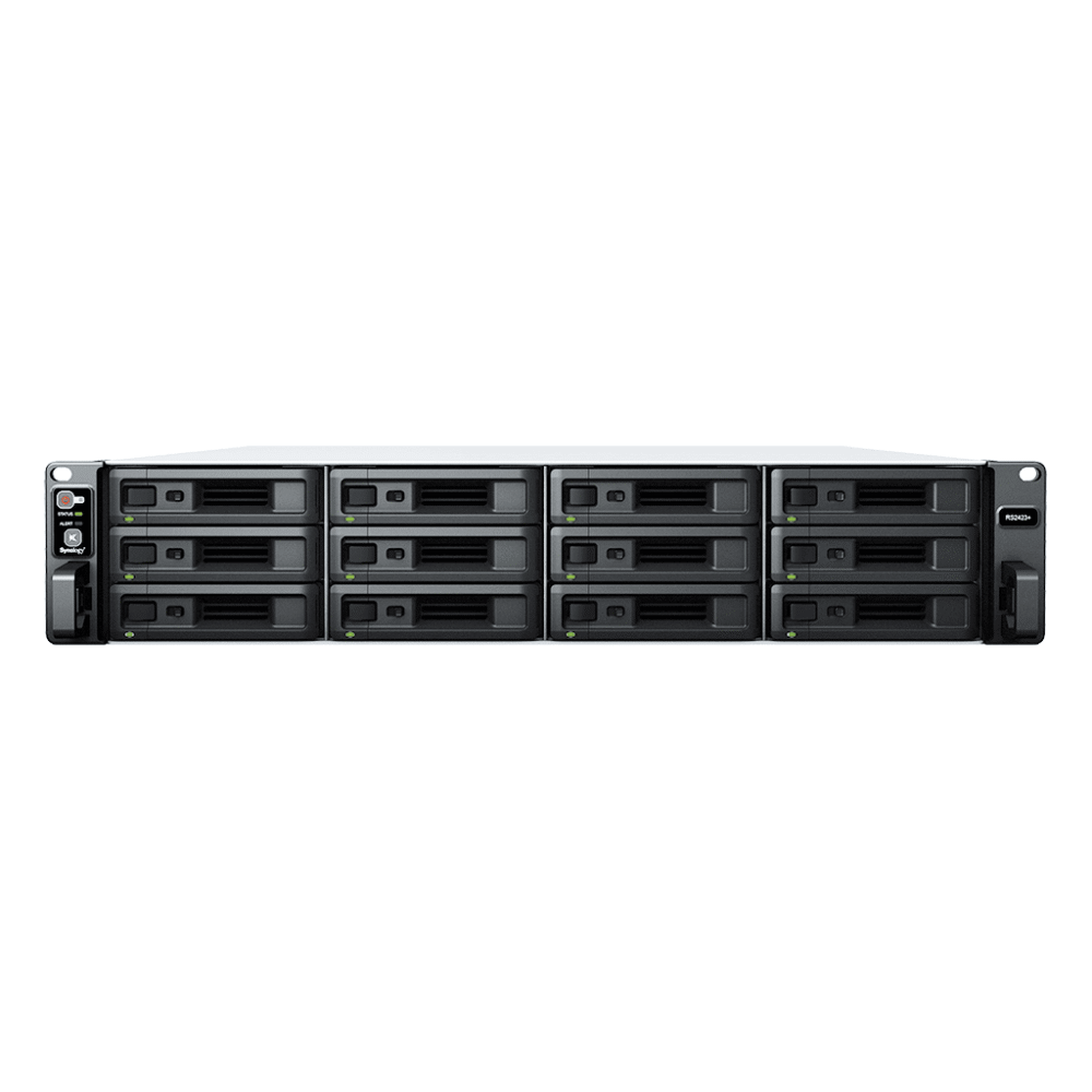 frontal_0S1000-15 Servidor NAS Rack / 12 Bahías / 2U / Hasta 216 TB (expansible a 432 TB) / Rendimiento 3,500/1,700 MB/s / 10GbE / Fuentes Redundantes / Alta Disponibilidad RS2423PLUS 2