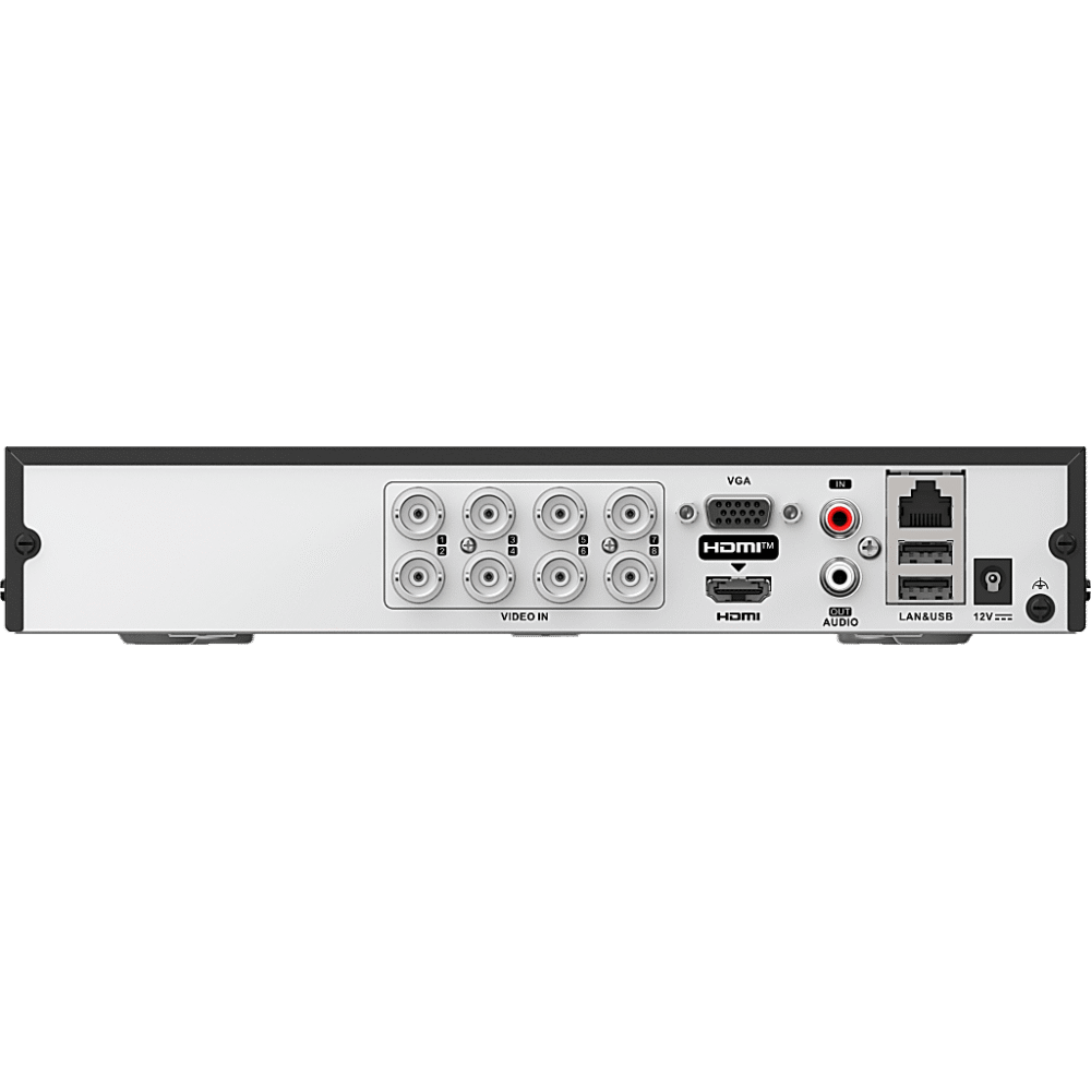 lateral_derecha_0S1000-12 DVR Pentahíbrido / 8 Canales TurboHD 4K + 16 Canales IP / 8 Megapixel (4K) / Salida HDMI 4K / H.265+ con GUANLAN AI / Audio Bidireccional / 1 Bahía SATA 10 TB DS-7208HUHI-S1/XT 4