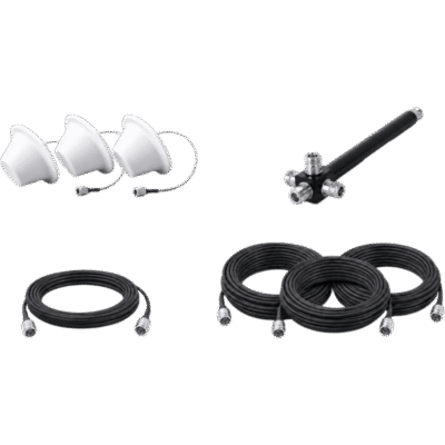 Kit de 3 Antenas Omnidireccionales tipo Domo y Divisor de Potencia de 4 salidas / Jumpers Coaxiales de 3 m y tres de 15 m con conectores N macho
