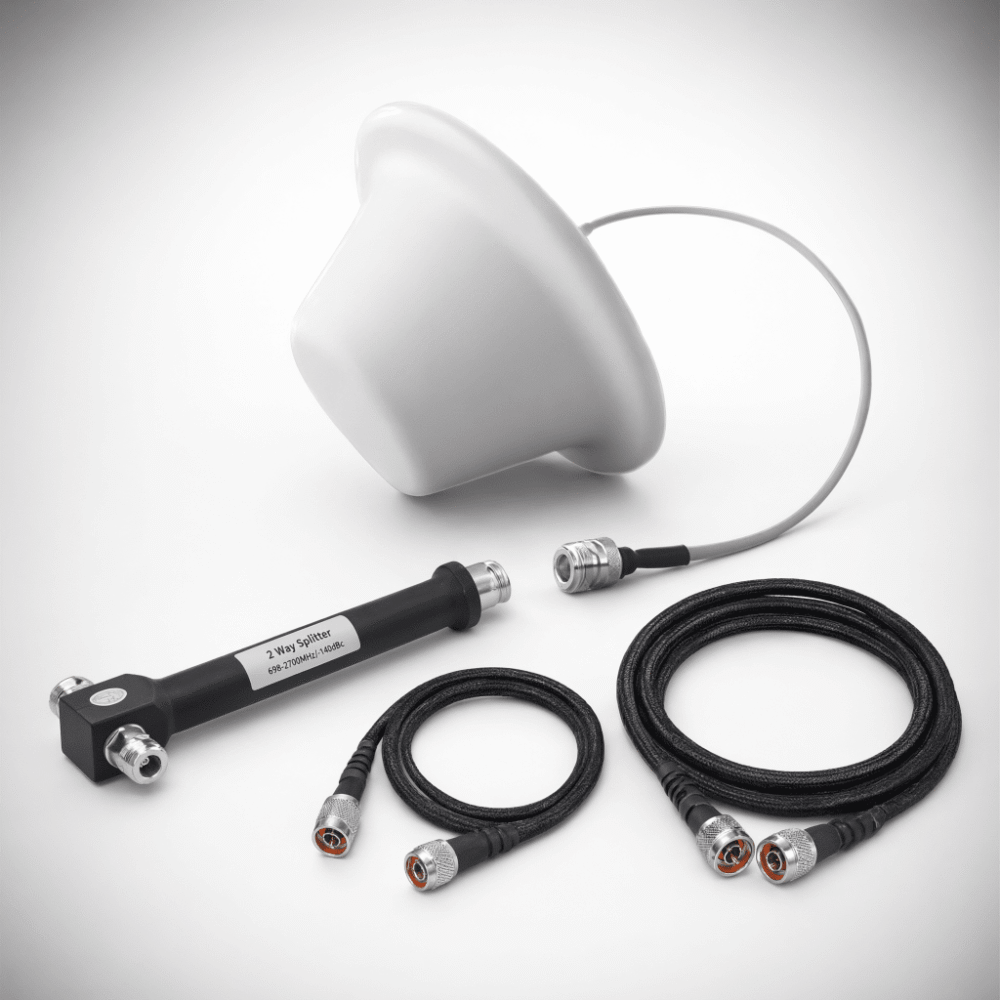 Kit Antena Omnidireccional Domo / Divisor de Potencia 2 Salidas / Jumpers Coaxiales 3 m (9.8 ft) y 15 m (49.2 ft) / Conectores N Macho EP1DIV-1ANT-2CCN 1