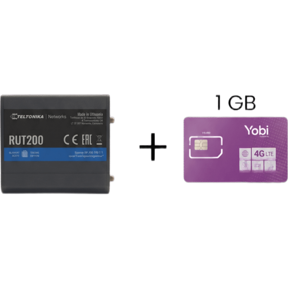 Router Celular Industrial / 4G LTE Cat 4 150 Mbps / Wi-Fi 2.4 GHz / 2 Puertos Ethernet / Operación -40°C a 75°C / Gestión RMS RUT200+1GBYOBI 1