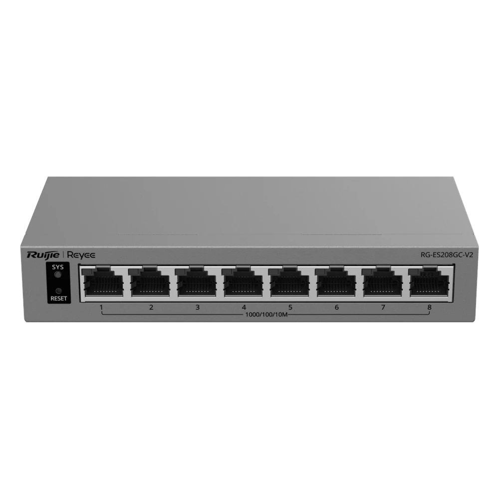 portada_0S1000-314 Switch Gigabit Smart Cloud-Managed / 8 Puertos 10/100/1000BASE-T / Capa 2 / Switching 16 Gbps / AI-Powered Failover / Modo CCTV Un-Click / Gestión Cloud / Fanless / Protección Surge 6 kV RG-ES208GC-V2 1