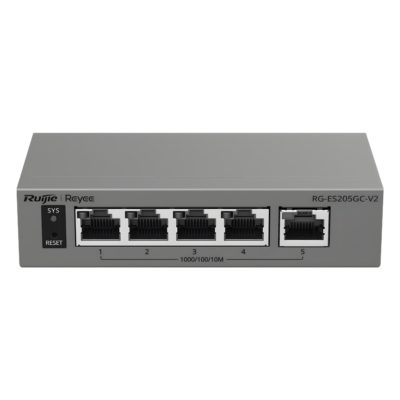 Switch Capa 2 Gestionado en la Nube / 5 Puertos Gigabit / Switching 10 Gbps / Forwarding 7.44 Mpps / Diseño sin Ventilador / Protección 6 kV / Modo CCTV de un Clic / 32 VLANs / Gabinete Metálico / Ruijie Cloud