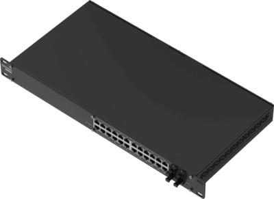 Switch Administrable L2+ / 24 Puertos PoE+ Gigabit / 4 Puertos SFP / Capacidad 56 Gbps / 300W PoE / Rack 19" / IP30