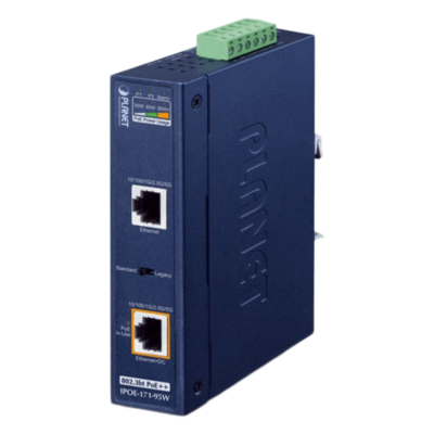 Inyector PoE++ Industrial / 95W / 2 Puertos RJ45 / Multi-Gigabit 5Gbps / -40 a 75°C / IP30 / Riel DIN o Pared