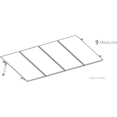 Estructura de Montaje Fotovoltaico / Losa Plana / Configuración 1x3 / Viento 170 km/h / Inclinación 10° / Rieles E-O 3.55 m (11.65 ft) / Rieles N-S 2.14 m (7.02 ft) / Altura 0.52 m (1.71 ft) / Área 10 m² / Módulos 645