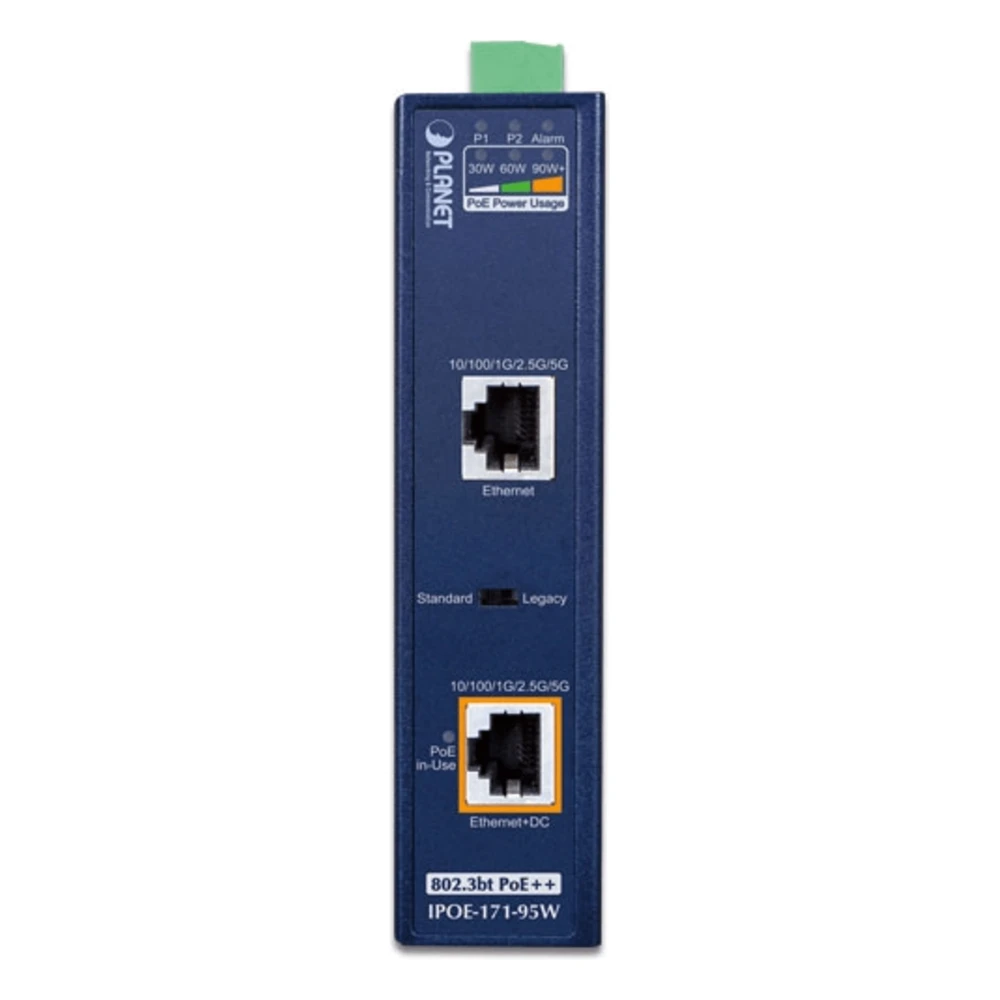 sec_2_0S1000-65 Inyector PoE++ Industrial / 95W / 2 Puertos RJ45 / Multi-Gigabit 5Gbps / -40 a 75°C / IP30 / Riel DIN o Pared IPOE-171-95W 2