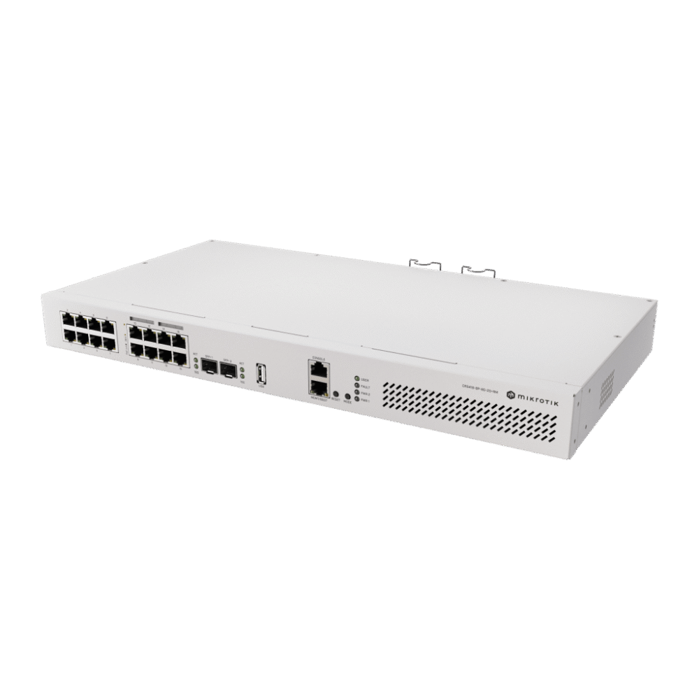 frontal_0S1000-25 Switch Rackmount / 16 Puertos Gigabit / 8 Puertos PoE 802.3af/at 150W / 2 Puertos SFP+ 10G / CPU Quad-Core 2.2 GHz ARM / RouterOS v7 / L3 HW Offloading / Alimentación Dual Redundante / USB 3.0 CRS418-8P-8G-2S+RM 1