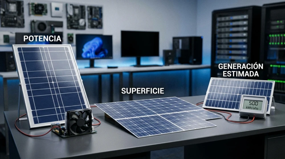 Paneles solares: comparativa de potencia y ahorro Comparativa de potencia, superficie y generación estimada — paneles solares