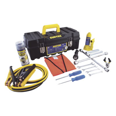 Juego de Herramientas Automotriz / 14 Piezas / Gato 2 Toneladas / Cables Pasacorriente 2.5 m (8.2 ft) / Llaves 8-15 mm / Poncholina 12 oz