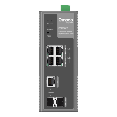 Switch Industrial Easy Managed / 6 Puertos Gigabit / 4 PoE (1× PoE++ 60W + 3× PoE+ 30W) / 120W PoE Budget / 2 SFP / IP40 / -40°C a 75°C / 6kV Protección Rayos / DIN-Rail