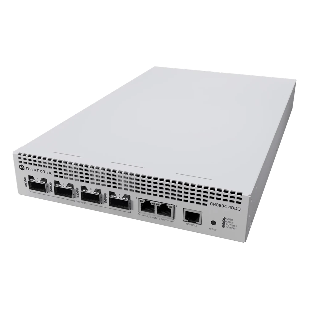 portada_0S1000-456 Switch 400 Gigabit / 4 Puertos QSFP-DD / 400G/200G/100G/50G/40G / 2 Puertos 1G/10G / Fuentes Hot-Swap / 1U Compacto CRS804-4DDQ-HRM 1