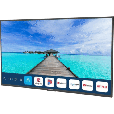 SmartTV para Exteriores / 55" 4K UHD / 500 nits / Sol Parcial / webOS / IP54 / -30°C a 50°C / Soporte de Pared Inclinado